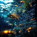 Underwater scene featuring vibrant fish swimming among digital elements, creating unique blend of nature and technology. Royalty Free Stock Photo