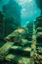 Underwater Scene with Fish Among Ancient Sunken Ruins in Clear Blue Ocean Water, Mysterious Undersea World