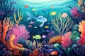 Underwater scene with fishes and coral reef. Cartoon vector illustration, An underwater scene filled with cute, smiling sea Royalty Free Stock Photo