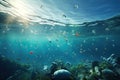 Underwater scene with fishes and coral reef. 3d render, Plastic pollution in the sea. Global warming concept. 3d rendering, AI