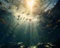 Underwater scene with fishes and rays of light. 3D rendering Royalty Free Stock Photo
