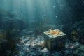 An underwater scene with a gift box floating in the center of the water, surrounded by vibrant marine life, Underwater scene with Royalty Free Stock Photo