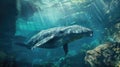 Underwater scene of a large blue whale swimming near rocks AIG51A