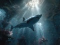 Underwater scene with large shark swimming upwards towards light source, surrounded by small fish Circular structure in the Royalty Free Stock Photo