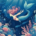 . Underwater scene with mermaid and seahorse.