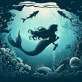 . Underwater scene with mermaid and seahorse.
