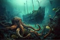 underwater scene, with octopus kraken monster lurking near sunken ship