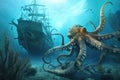 underwater scene, with octopus kraken monster lurking near sunken ship