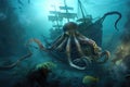 underwater scene, with octopus kraken monster lurking near sunken ship