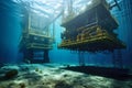 Underwater scene of an oil and gas subsea production system, complete with wells, manifolds, and pipelines