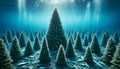 Underwater scene with plastic Christmas trees on a seabed with dead fishes around, marine pollution concept