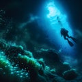 Underwater scene with scuba diver and corals. 3d render Royalty Free Stock Photo