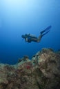 Underwater scene : scuba diver in deep water Royalty Free Stock Photo