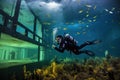 underwater scene with scuba diver swimming past schools of fish Royalty Free Stock Photo