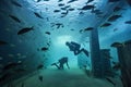 underwater scene with scuba diver swimming past schools of fish Royalty Free Stock Photo