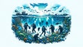 Underwater scene with scuba divers and marine life