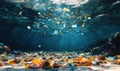 Underwater scene showcasing plastic pollution with colorful debris and sunlight rays Royalty Free Stock Photo
