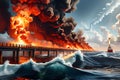 underwater scene showing a chaotic explosion from a damaged Nord Stream pipeline, intense orange and turbulent waters Royalty Free Stock Photo