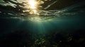 Underwater scene with sunbeams and rocks. Generative AI Royalty Free Stock Photo