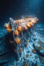 Underwater Scene of Sunken Shipwreck With Coral Growth and Marine Life in Deep Ocean Waters