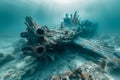 Underwater Scene with Sunken Shipwreck Covered in Marine Life in Mysterious Oceanic Landscape