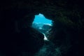 Underwater scene with tunnel cave in Atlantic ocean Royalty Free Stock Photo