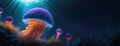 Underwater scene with vibrant bioluminescent jellyfish floating amidst coral reefs Royalty Free Stock Photo