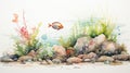 underwater scene of watercolor stones anchor seaweed