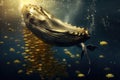 Underwater scene with a whale and fishes. 3d render. Big whale eating thousands of golden coins of Bitcoin in the ocean underwater