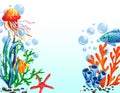 Underwater sea animals, corals and algae color frame background. Acrylic paint hand drwan marine illustration Royalty Free Stock Photo