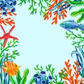 Underwater sea animals, corals and algae color frame background. Acrylic paint hand drwan marine illustration Royalty Free Stock Photo