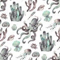 Underwater Sea animals pattern - seashells, seaweed, octopus stingray fish Seamless Pattern Royalty Free Stock Photo