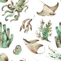 Underwater Sea animals pattern - seashells, seaweed, octopus stingray fish Seamless Royalty Free Stock Photo