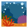 Underwater sea background. Cartoon ocean floor with seaweeds and corals. Sea bottom landscape. Tropical marine life