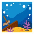 Underwater sea background. Cartoon ocean floor with sunken ship and seaweeds. Sea bottom landscape