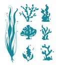 Underwater sea corals and algae vector silhouettes on white