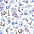 Underwater sea creatures seamless pattern. Hand drawn jellyfish, moray, fish watercolor illustration wallpaper. Nautical Royalty Free Stock Photo