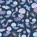 Underwater sea creatures seamless pattern. Hand drawn jellyfish, moray, fish watercolor illustration wallpaper. Ocean Royalty Free Stock Photo