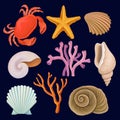 Underwater sea creatures set, crab, starfich, seashell, coral vector Illustrations on a dark blue background Royalty Free Stock Photo