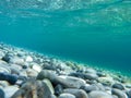 UNDERWATER sea level photo. Turquoise crystal clear water, pebbles of Agia Kyriaki beach in Kyparissi Laconia, Greece.