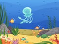 Underwater. Sea life background with fishes and water plants algae vector cartoon landscape Royalty Free Stock Photo