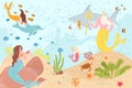 Underwater sea life, mermaid swim with cartoon fish in ocean, vector illustration. Fantasy girl character near beautiful Royalty Free Stock Photo