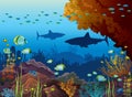 Underwater sea - sharks, coral reef, fish