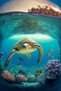 Underwater Sea Turtle Coral Reef Illustration, Wild Nature Habitat, Generative AI Royalty Free Stock Photo