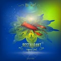 Underwater seafood restaurant poster with lobster, floral abstract mandala plate on color background. Royalty Free Stock Photo