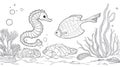 Ocean Coloring Page Seahorse, Fish, and Underwater Scene Royalty Free Stock Photo