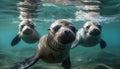 Underwater seal colony, cute sea lion family exploring aquatic beauty generated by AI