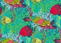 Underwater sealife seamless pattern with seaweed plants, fishes, turtles, corals drawing Royalty Free Stock Photo