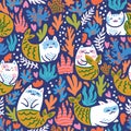 Underwater seamless pattern with cats mermaid, seaweed and corals