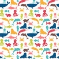 Underwater seamless pattern with fishes, octopus, crab, walrus,